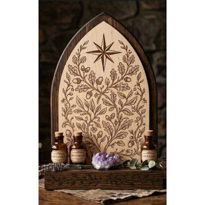 Gothic Arch Wood Plaque with Engraved Oak Leaf and Acorn Design